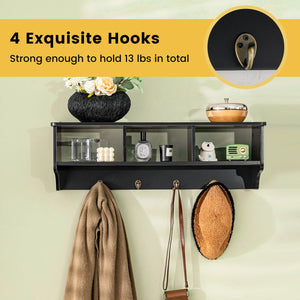 Wall Mount Cubby Organizer Hooks Entryway Storage Shelf-Black view 5