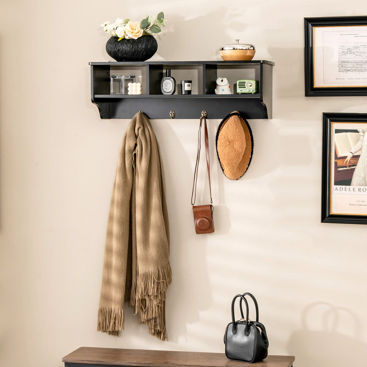 Wall Mount Cubby Organizer Hooks Entryway Storage Shelf-Black view 6