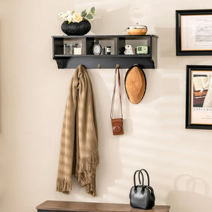 Wall Mount Cubby Organizer Hooks Entryway Storage Shelf-Black view 6
