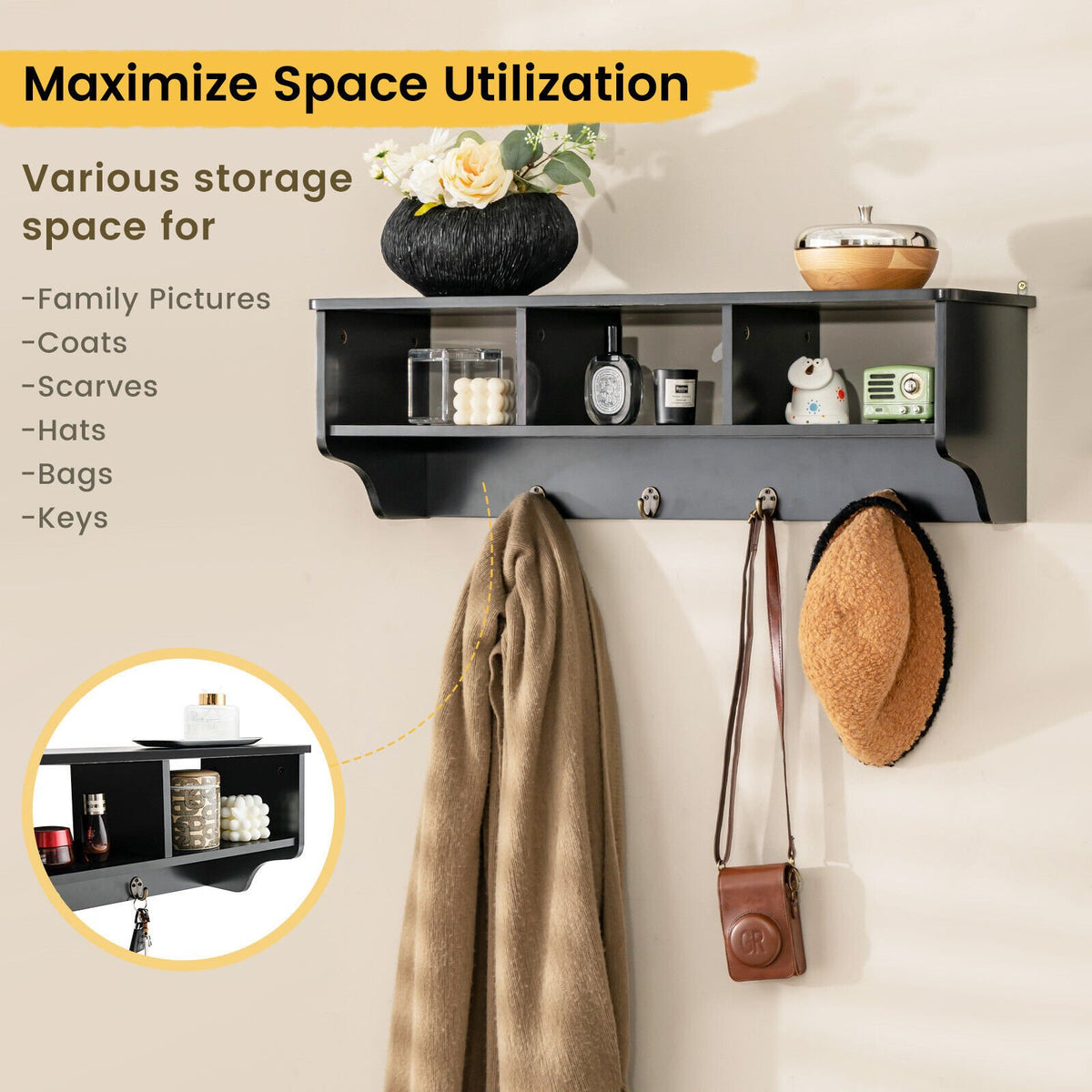 Wall Mount Cubby Organizer Hooks Entryway Storage Shelf-Black view 7