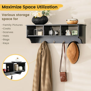 Wall Mount Cubby Organizer Hooks Entryway Storage Shelf-Black view 7