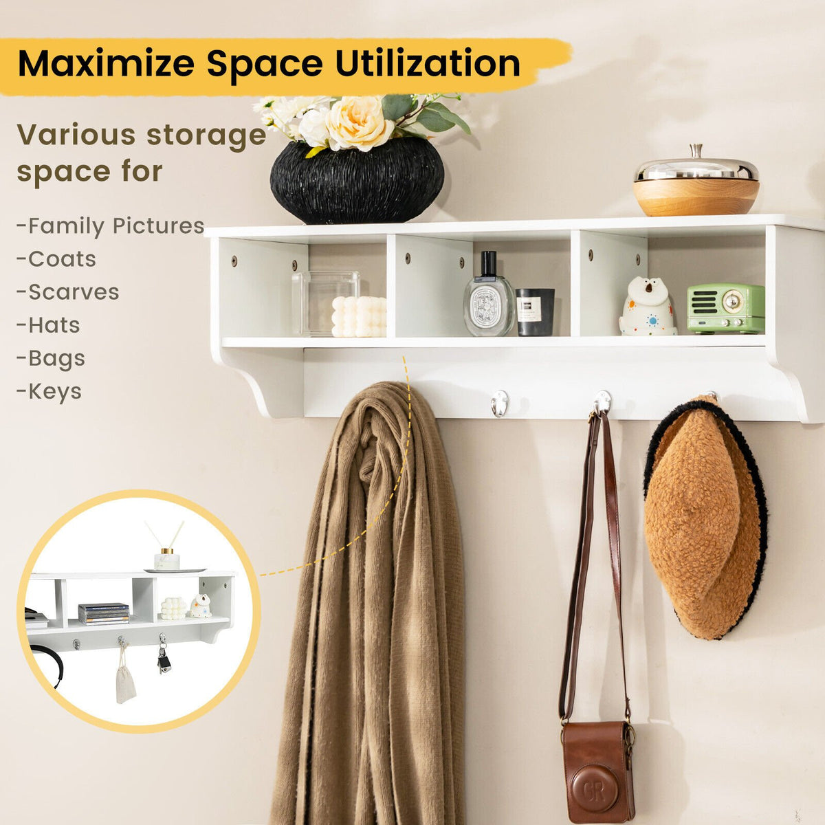 Wall Mount Cubby Organizer Hooks Entryway Storage Shelf-White view 3