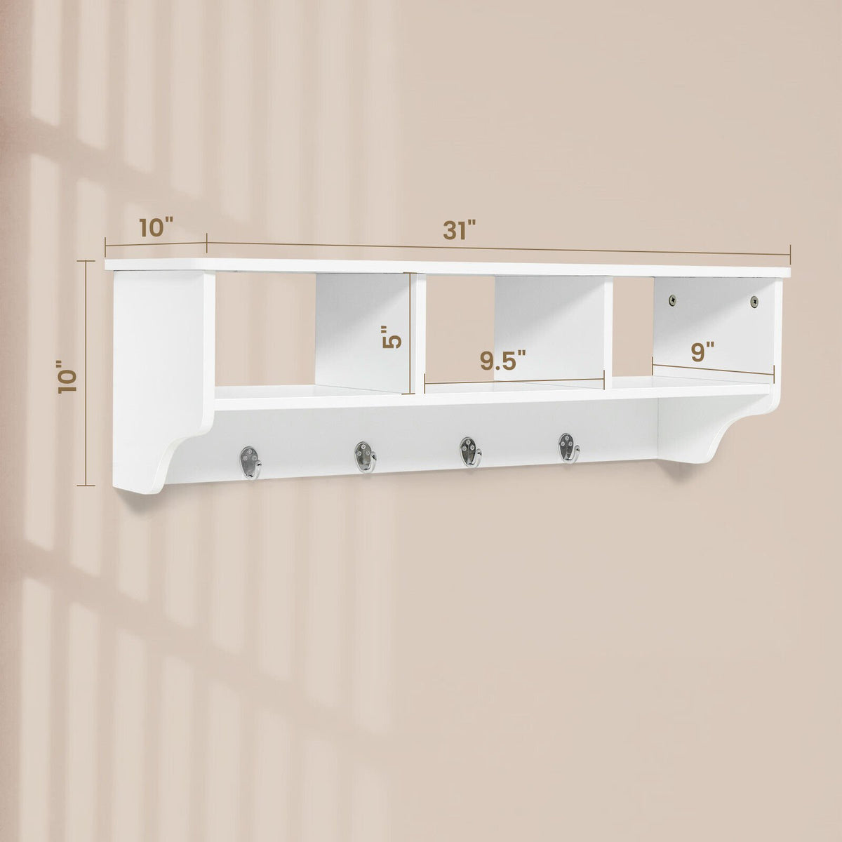Wall Mount Cubby Organizer Hooks Entryway Storage Shelf-White view 4