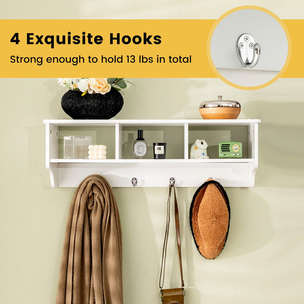 Wall Mount Cubby Organizer Hooks Entryway Storage Shelf-White view 5