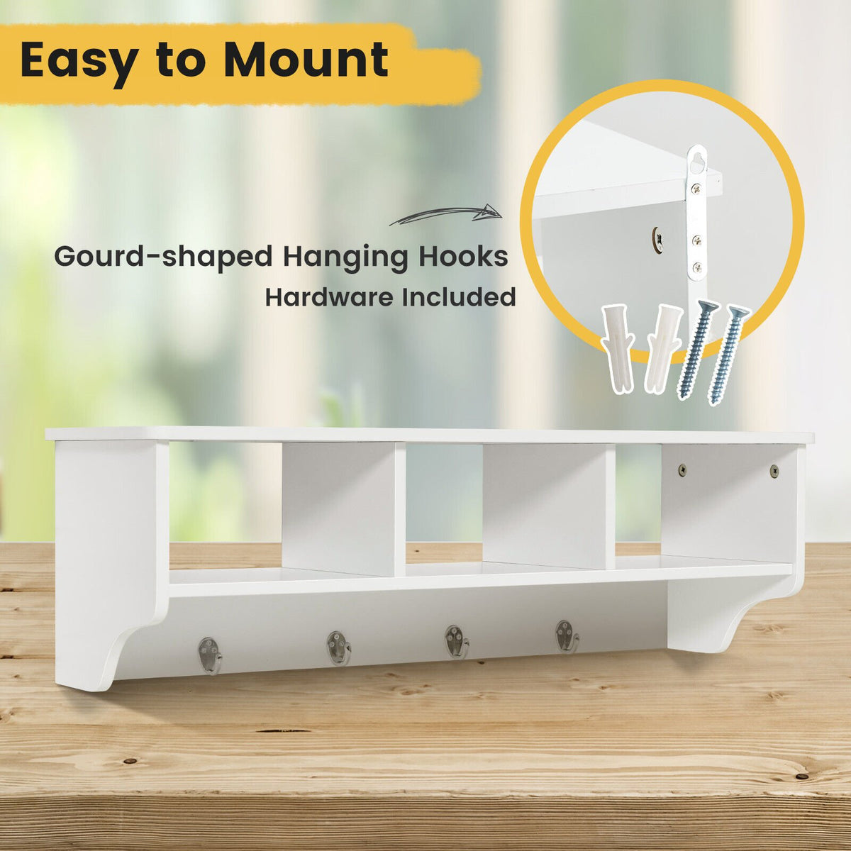 Wall Mount Cubby Organizer Hooks Entryway Storage Shelf-White view 9