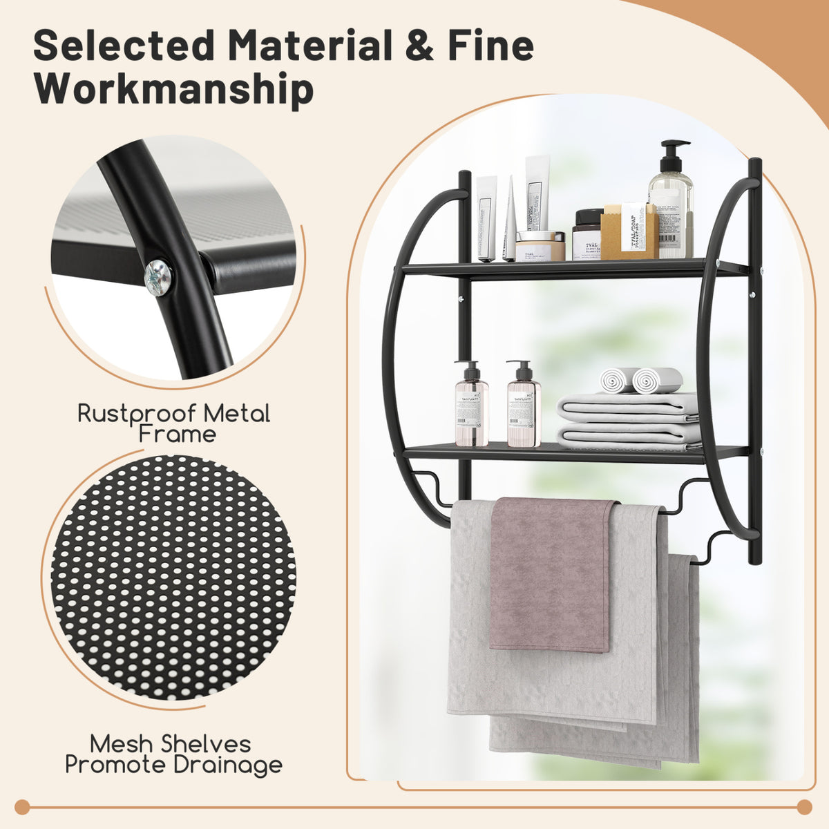 Wall Mounted 2-Tier Bathroom Towel Rack with 2 Towel Bars-Black view 8
