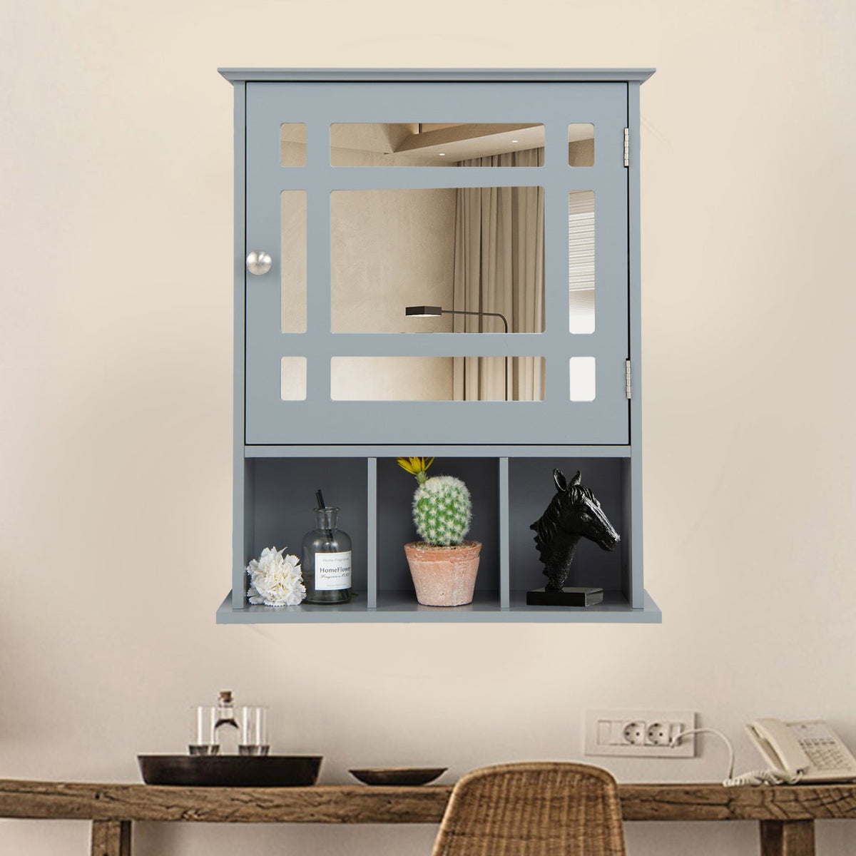 Wall Mounted and Mirrored Bathroom Cabinet-Gray view 2