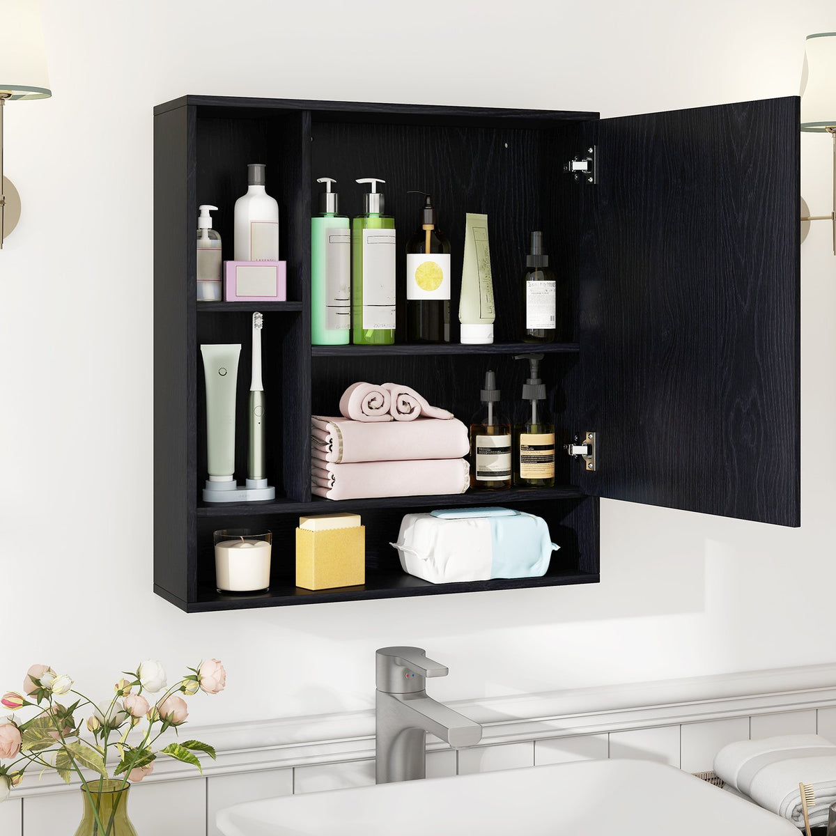Wall Mounted, Bathroom Cabinet with Mirror Single Door-Black view 3