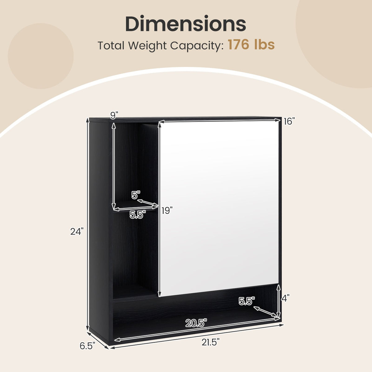 Wall Mounted, Bathroom Cabinet with Mirror Single Door-Black view 5