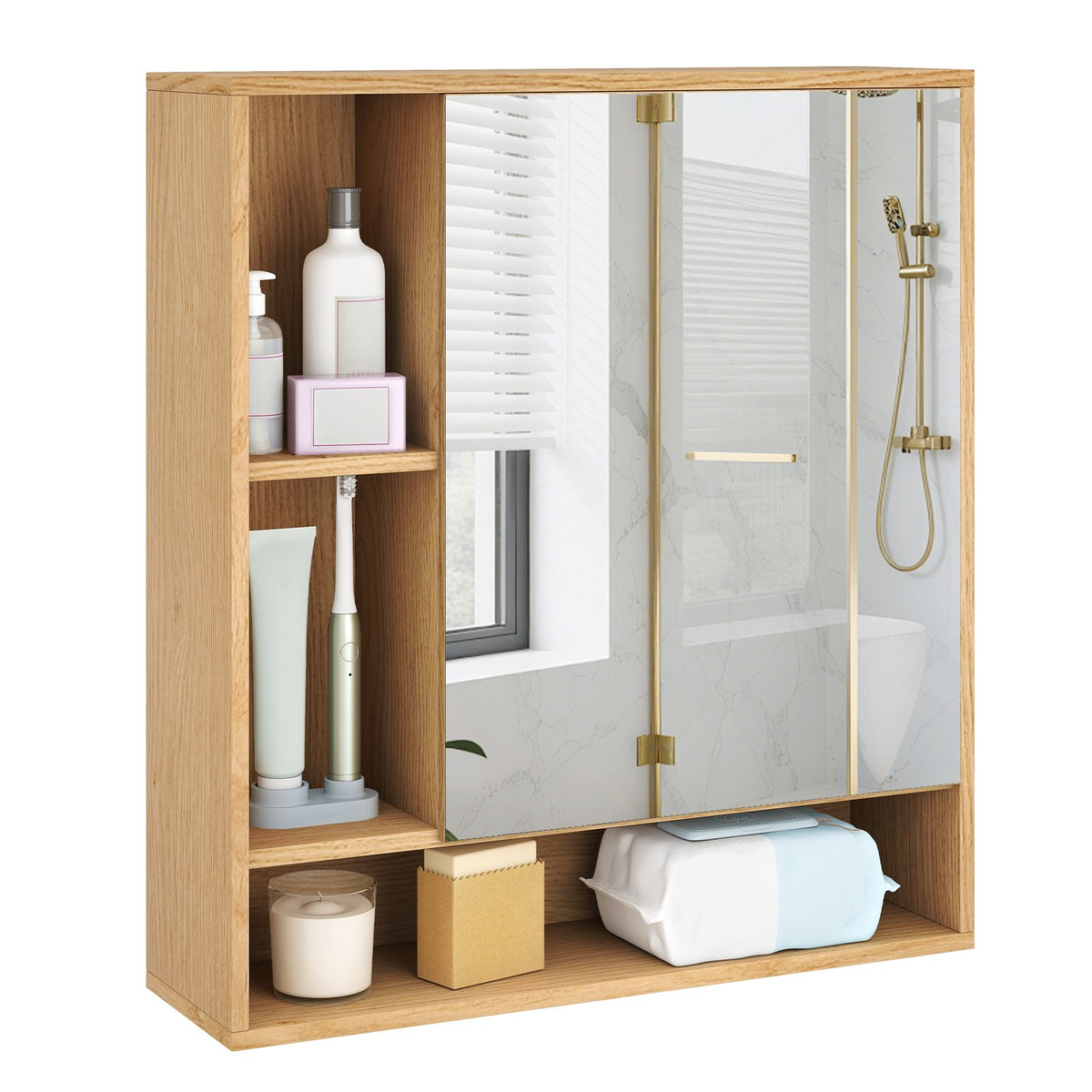 Wall Mounted, Bathroom Cabinet with Mirror Single Door-Natural view 4