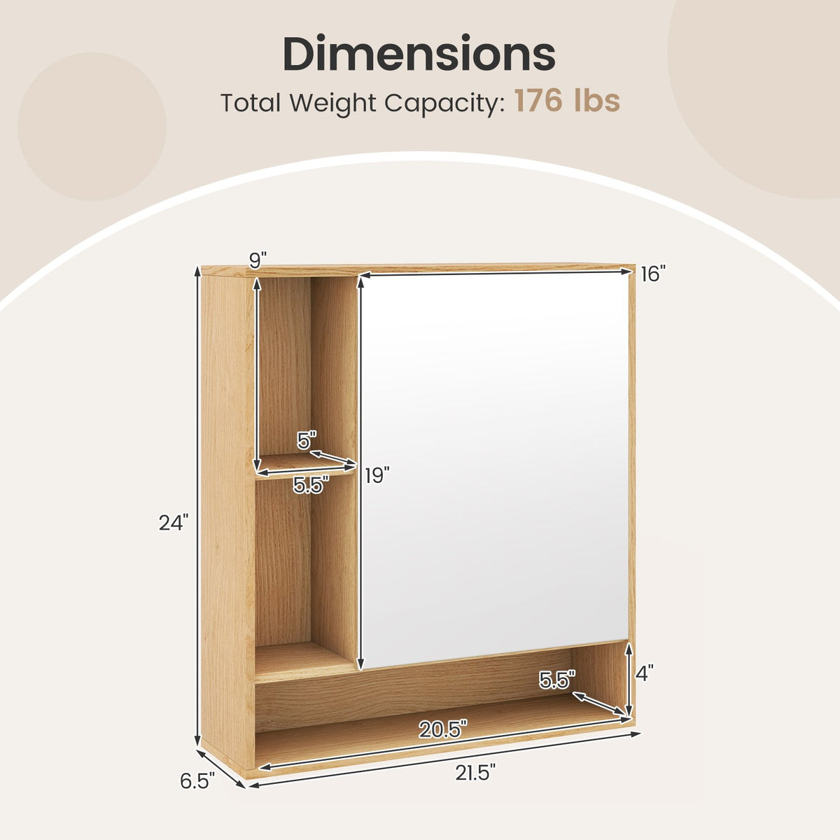 Wall Mounted, Bathroom Cabinet with Mirror Single Door-Natural view 5