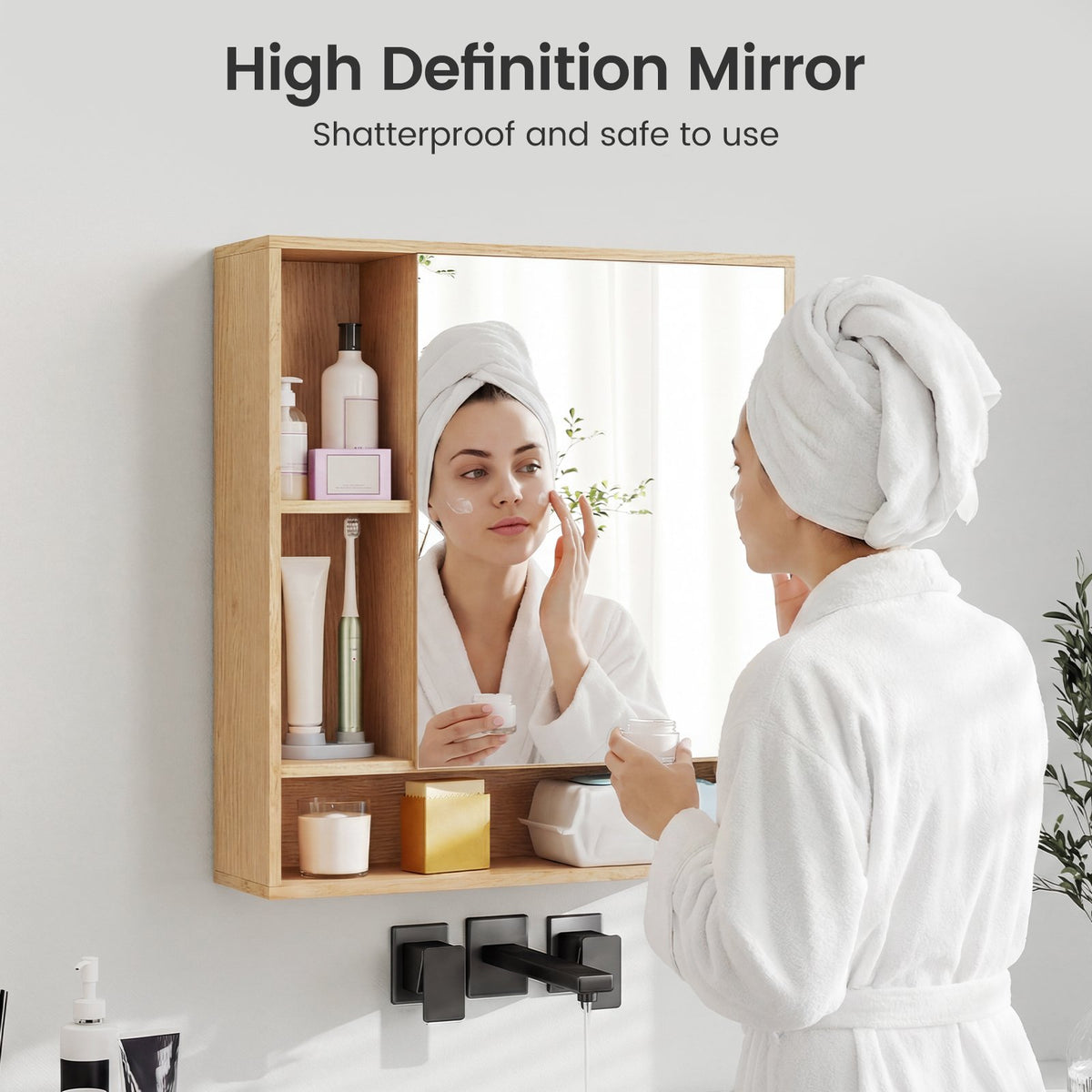 Wall Mounted, Bathroom Cabinet with Mirror Single Door-Natural view 8