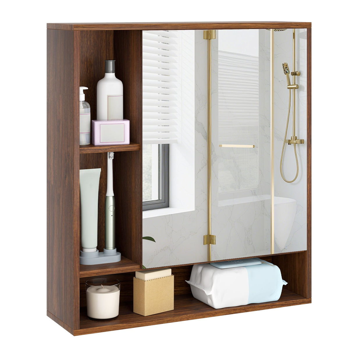 Wall Mounted, Bathroom Cabinet with Mirror Single Door-Walnut view 4