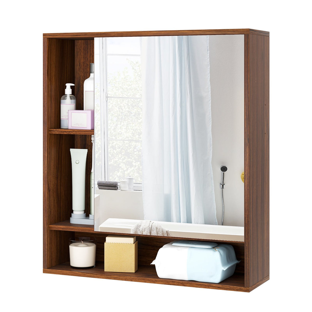 Wall Mounted, Bathroom Cabinet with Mirror Single Door-Walnut view 6