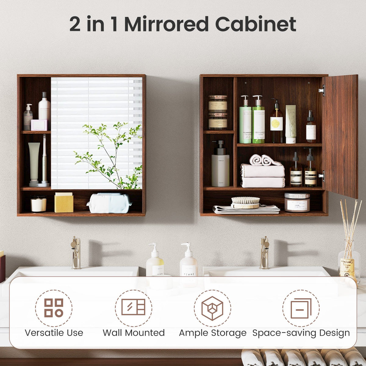 Wall Mounted, Bathroom Cabinet with Mirror Single Door-Walnut view 9