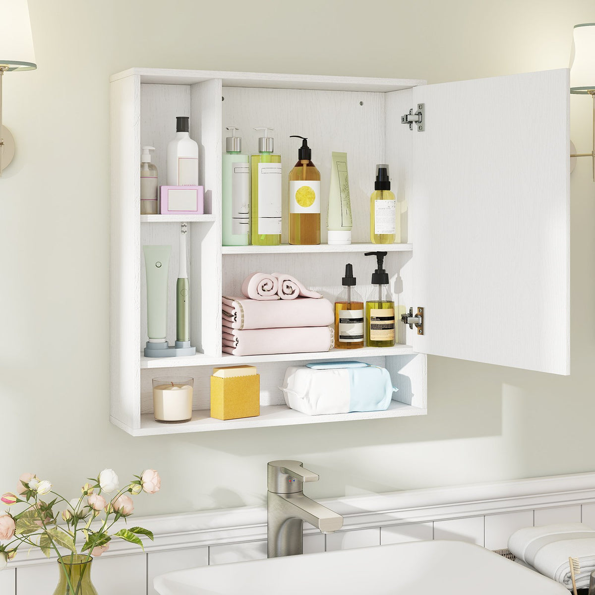 Wall Mounted, Bathroom Cabinet with Mirror Single Door-White view 3
