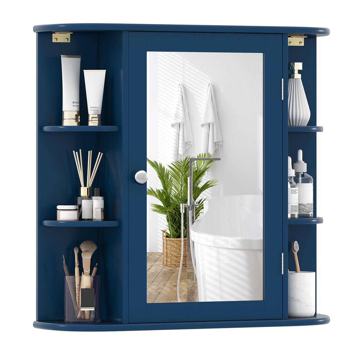 Wall-Mounted Bathroom Mirror Cabinet with Storage Shelves-Blue