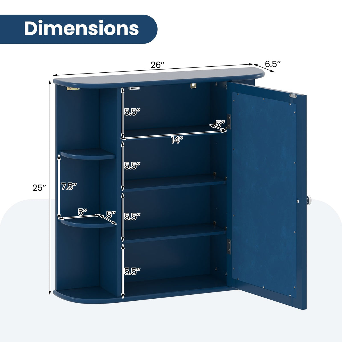 Wall-Mounted Bathroom Mirror Cabinet with Storage Shelves-Blue view 5