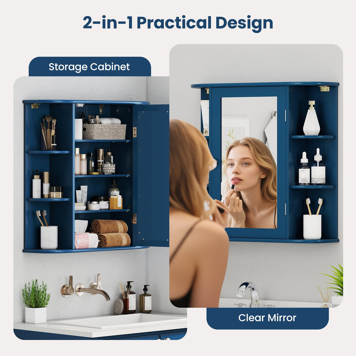 Wall-Mounted Bathroom Mirror Cabinet with Storage Shelves-Blue view 7