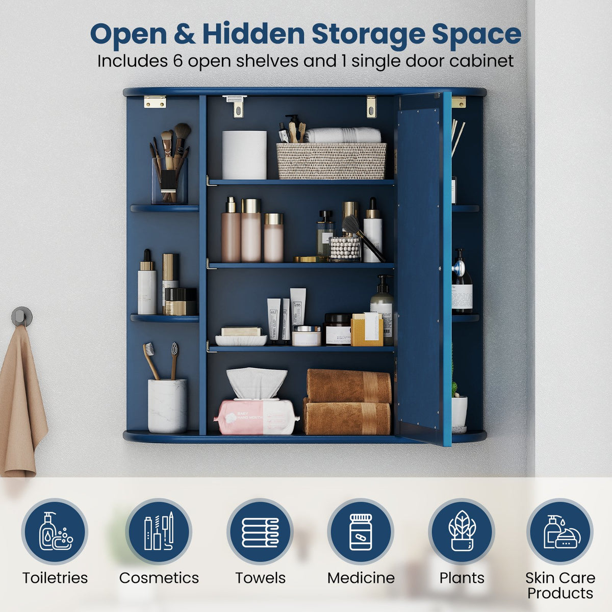 Wall-Mounted Bathroom Mirror Cabinet with Storage Shelves-Blue view 8