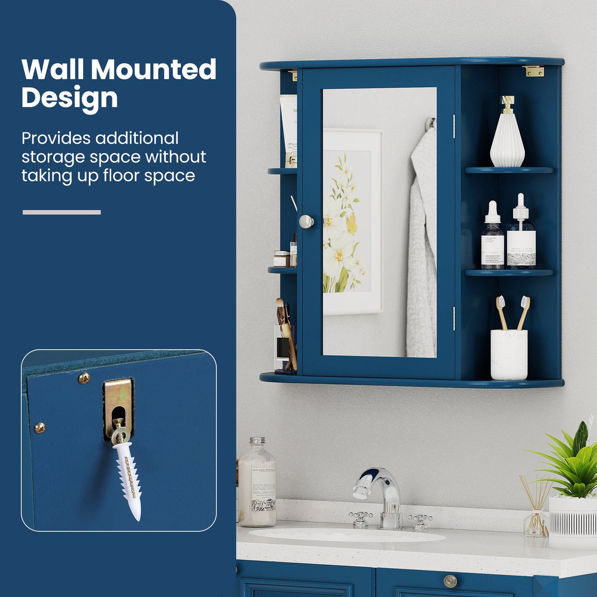 Wall-Mounted Bathroom Mirror Cabinet with Storage Shelves-Blue view 9