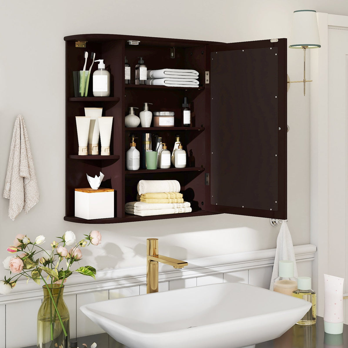 Wall-Mounted Bathroom Mirror Cabinet with Storage Shelves-Brown view 2
