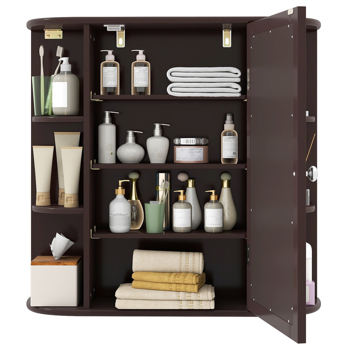 Wall-Mounted Bathroom Mirror Cabinet with Storage Shelves-Brown view 4