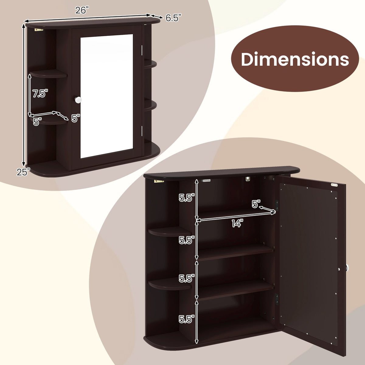 Wall-Mounted Bathroom Mirror Cabinet with Storage Shelves-Brown view 5