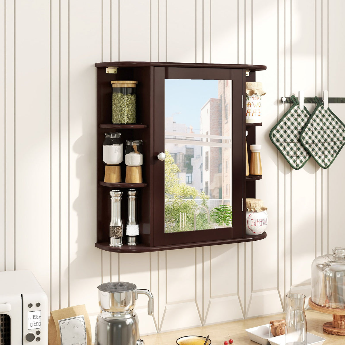 Wall-Mounted Bathroom Mirror Cabinet with Storage Shelves-Brown view 6
