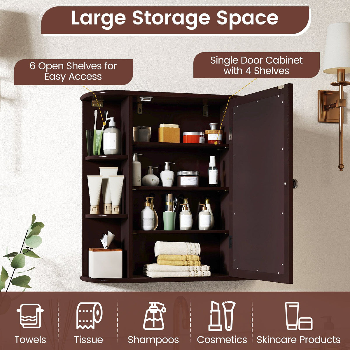 Wall-Mounted Bathroom Mirror Cabinet with Storage Shelves-Brown view 7
