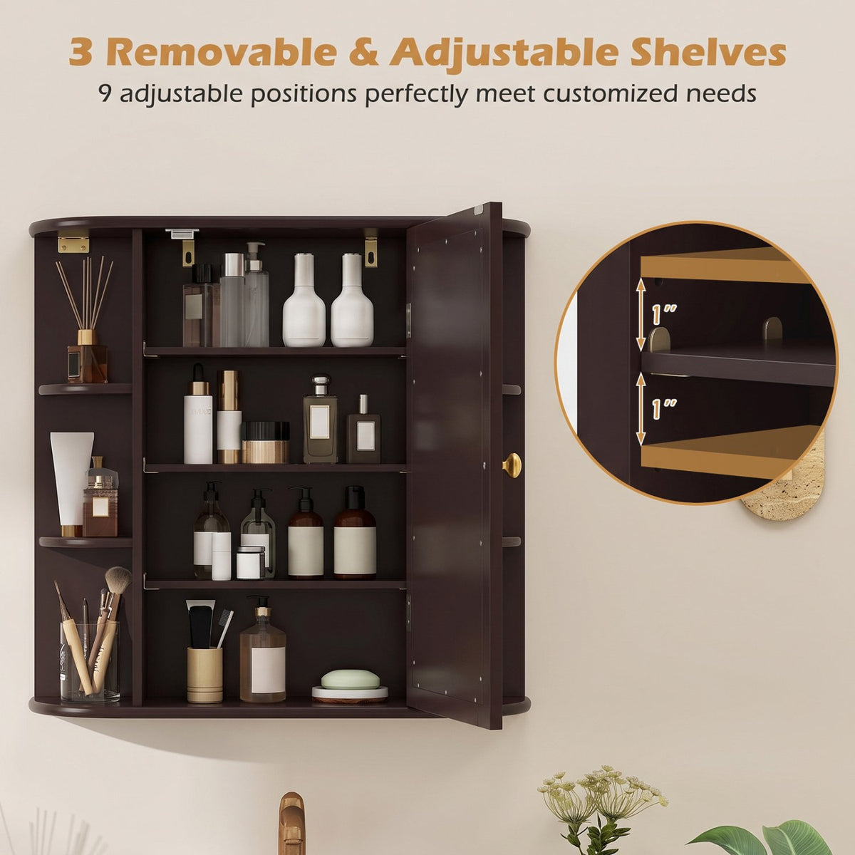 Wall-Mounted Bathroom Mirror Cabinet with Storage Shelves-Brown view 8