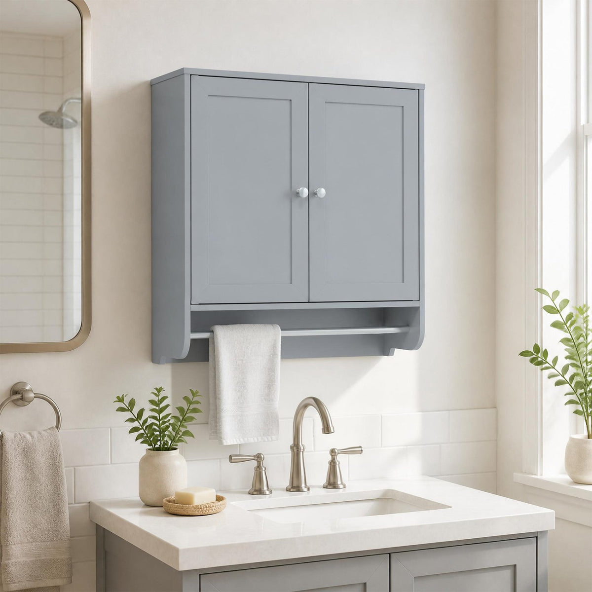 Wall Mounted Bathroom Storage Medicine Cabinet with Towel Bar-Gray view 2