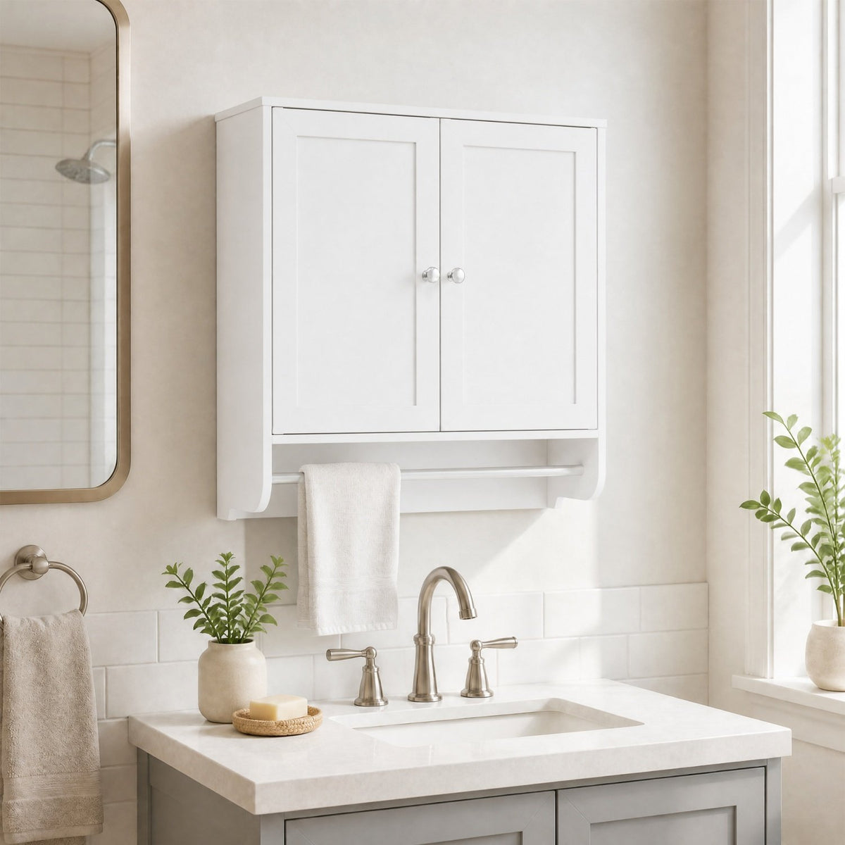 Wall Mounted Bathroom Storage Medicine Cabinet with Towel Bar-White view 2