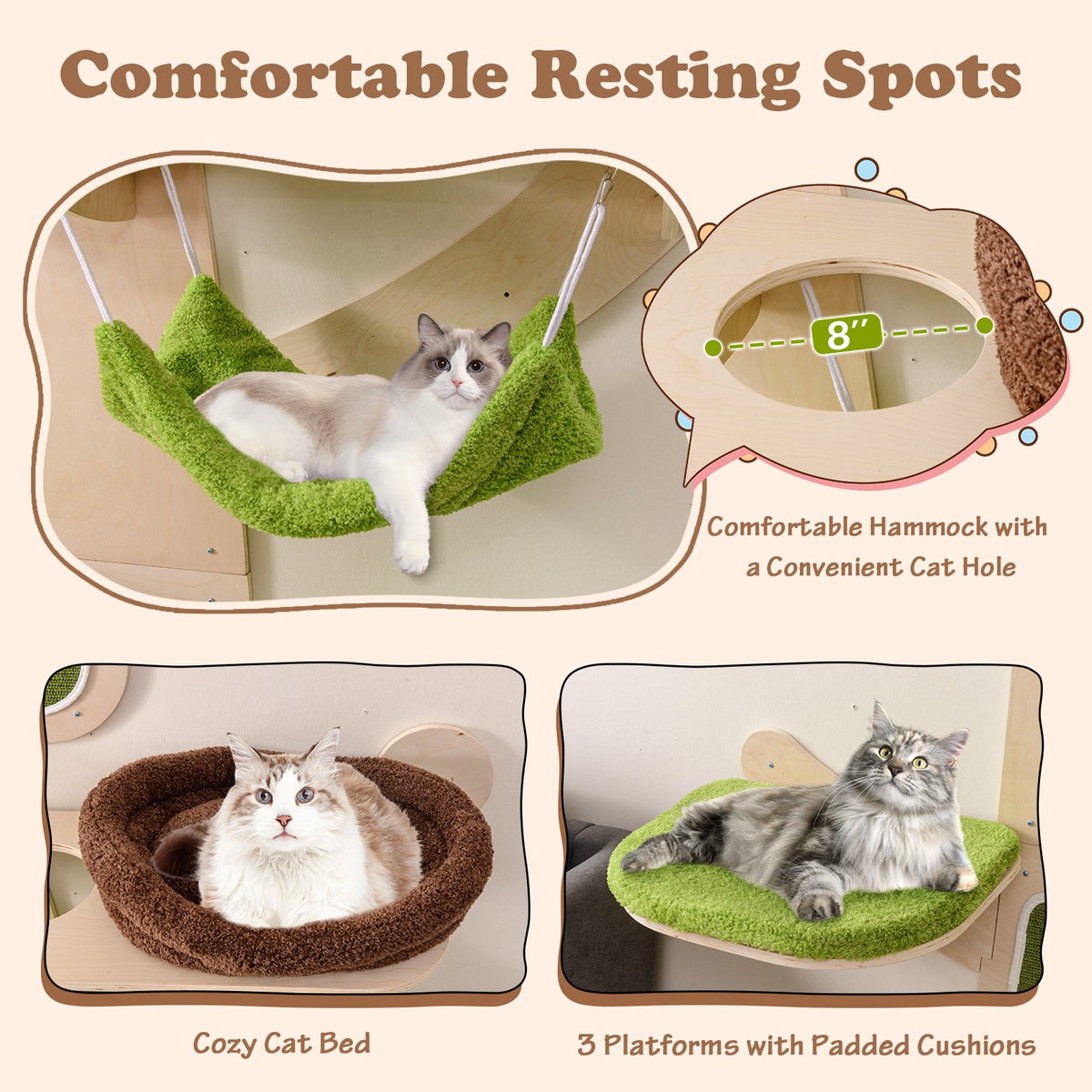 Wall-Mounted Cat Tower Cat Wall Shelves Furniture with Bed-Green view 6