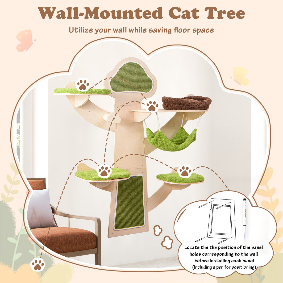 Wall-Mounted Cat Tower Cat Wall Shelves Furniture with Bed-Green view 9