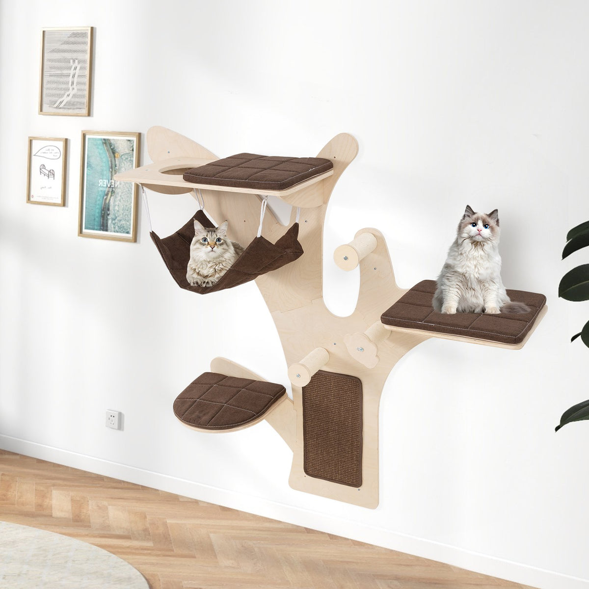 Wall-Mounted Cat Tower Cat Wall Shelves Furniture with Perch-Brown view 2