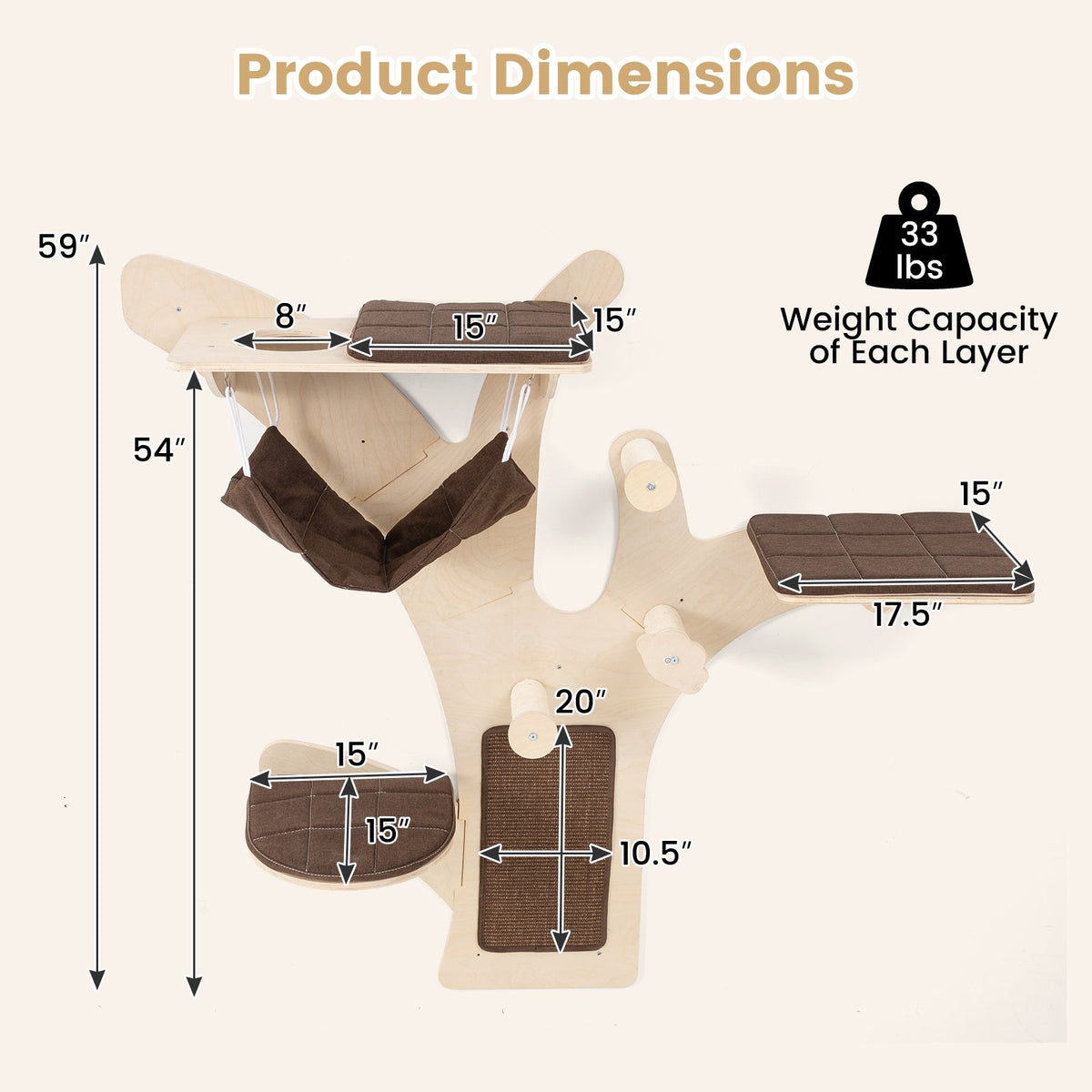 Wall-Mounted Cat Tower Cat Wall Shelves Furniture with Perch-Brown view 5