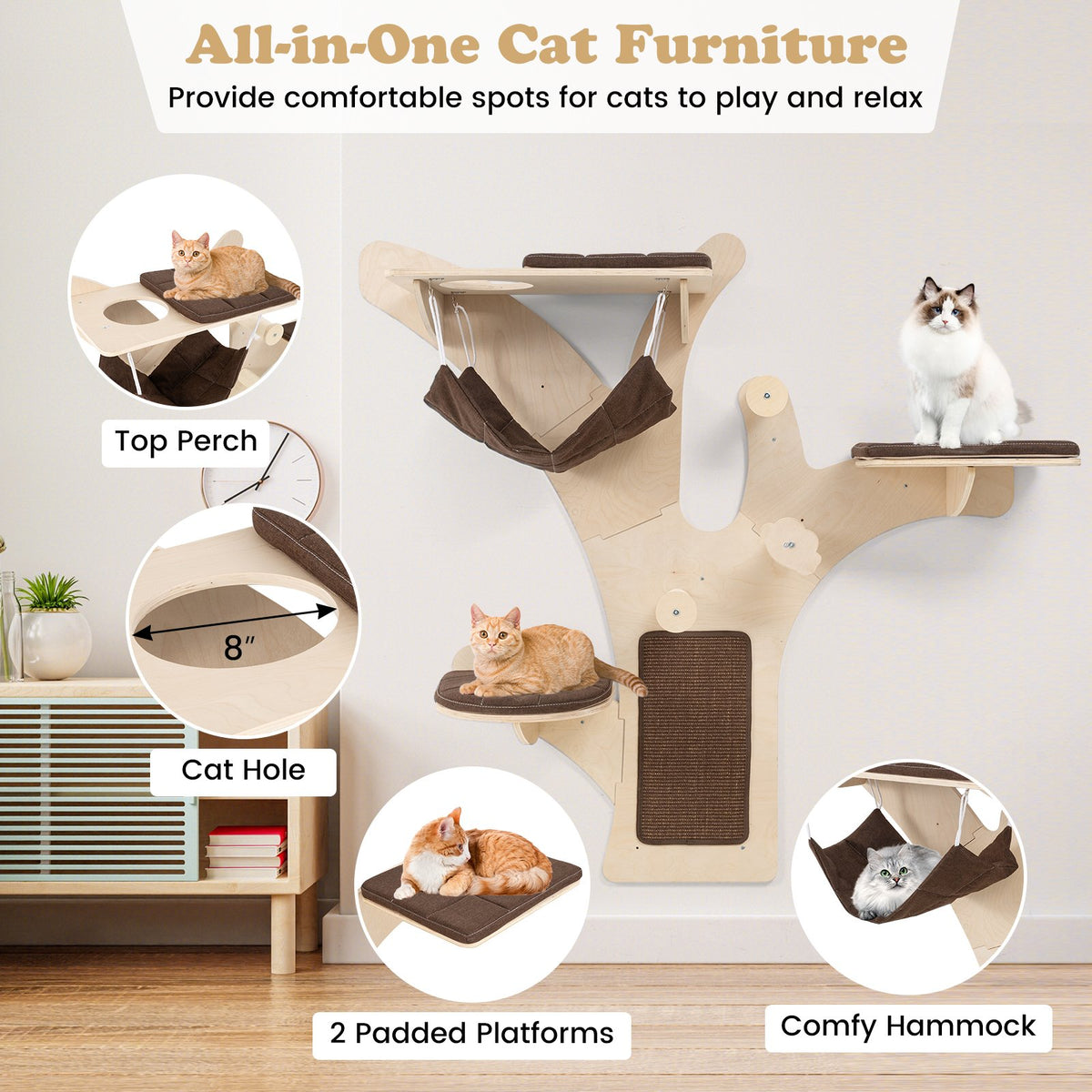 Wall-Mounted Cat Tower Cat Wall Shelves Furniture with Perch-Brown view 6