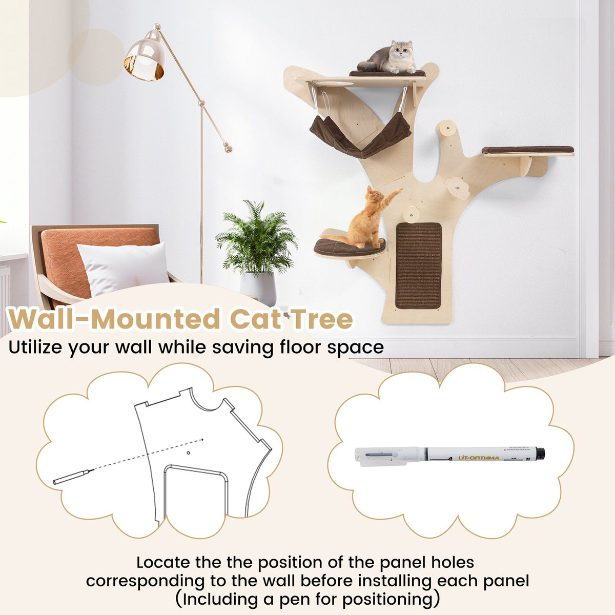 Wall-Mounted Cat Tower Cat Wall Shelves Furniture with Perch-Brown view 8