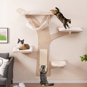 Wall-Mounted Cat Tower with Hammock Platforms and Sisal Scratching Mat-Natural view 2
