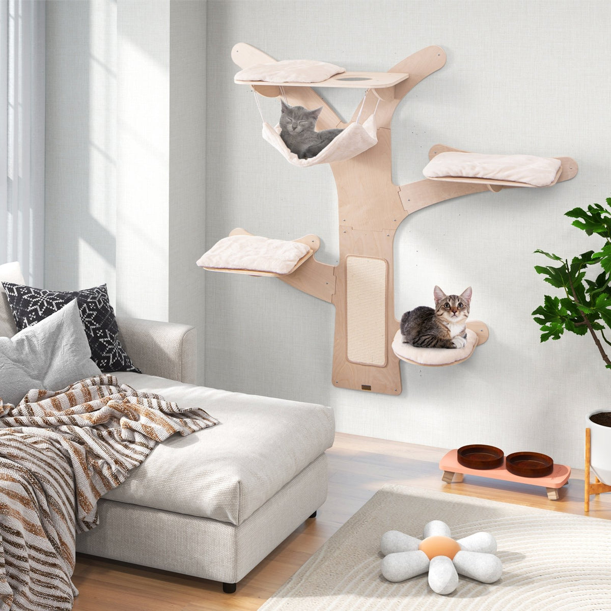 Wall-Mounted Cat Tower with Hammock Platforms and Sisal Scratching Mat-Natural view 3