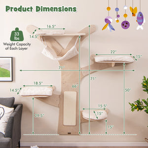 Wall-Mounted Cat Tower with Hammock Platforms and Sisal Scratching Mat-Natural view 4