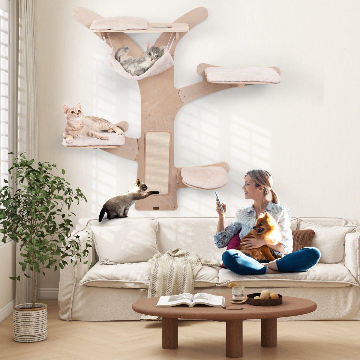 Wall-Mounted Cat Tower with Hammock Platforms and Sisal Scratching Mat-Natural view 5