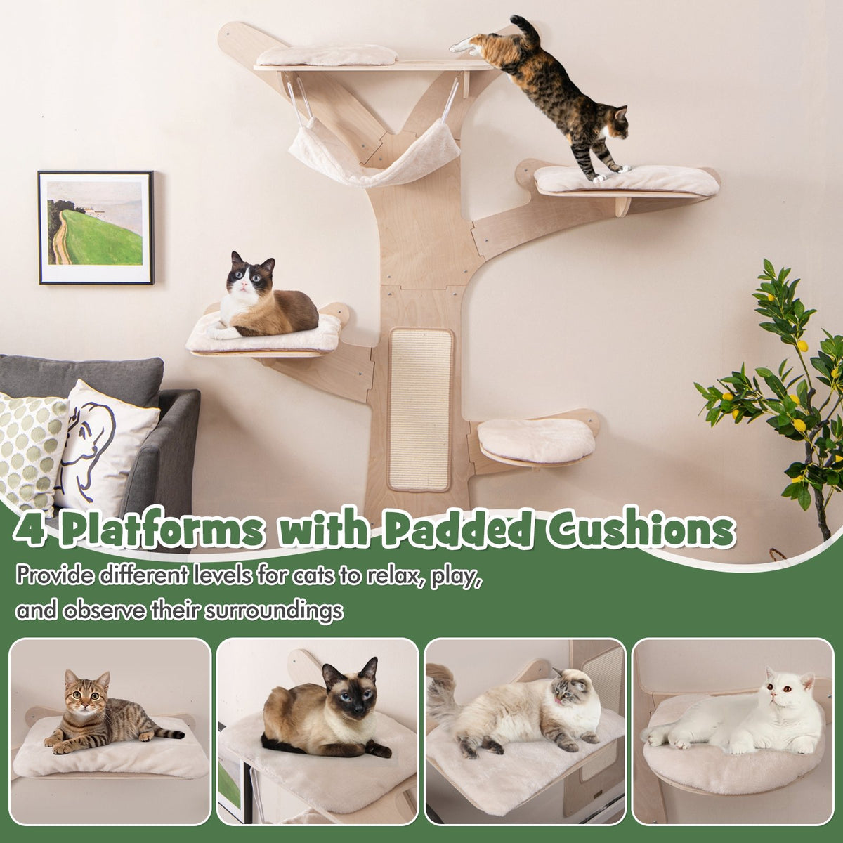 Wall-Mounted Cat Tower with Hammock Platforms and Sisal Scratching Mat-Natural view 6