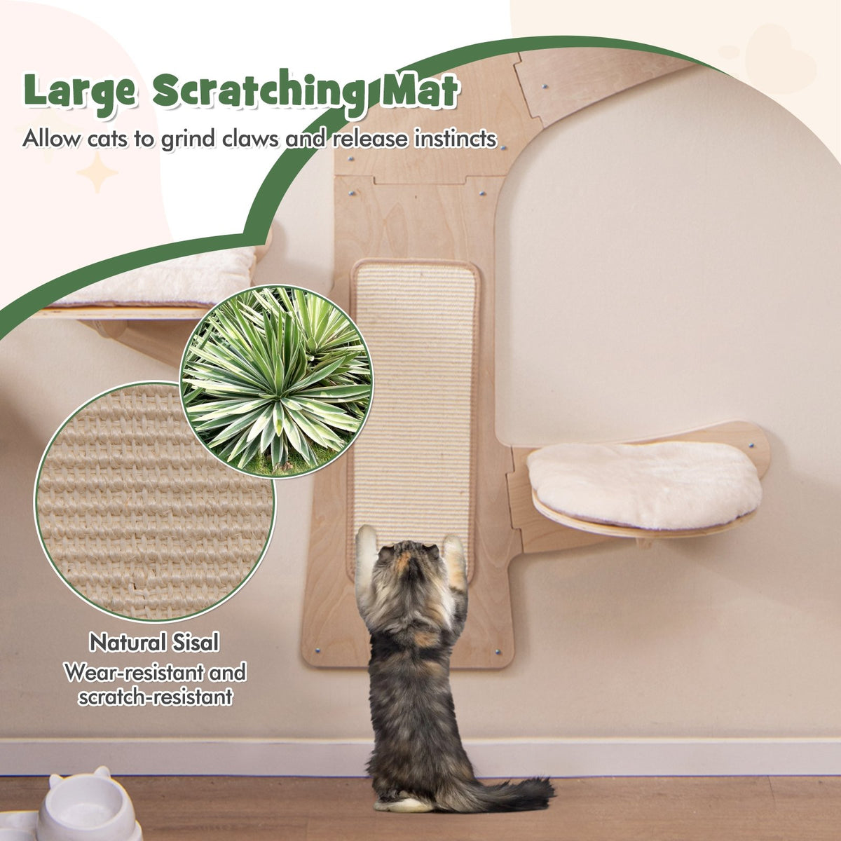 Wall-Mounted Cat Tower with Hammock Platforms and Sisal Scratching Mat-Natural view 8
