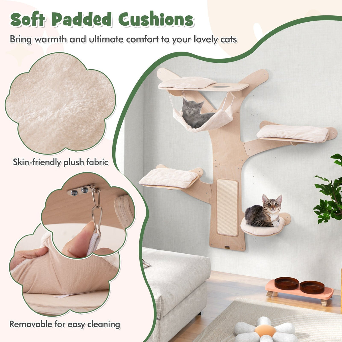 Wall-Mounted Cat Tower with Hammock Platforms and Sisal Scratching Mat-Natural view 9
