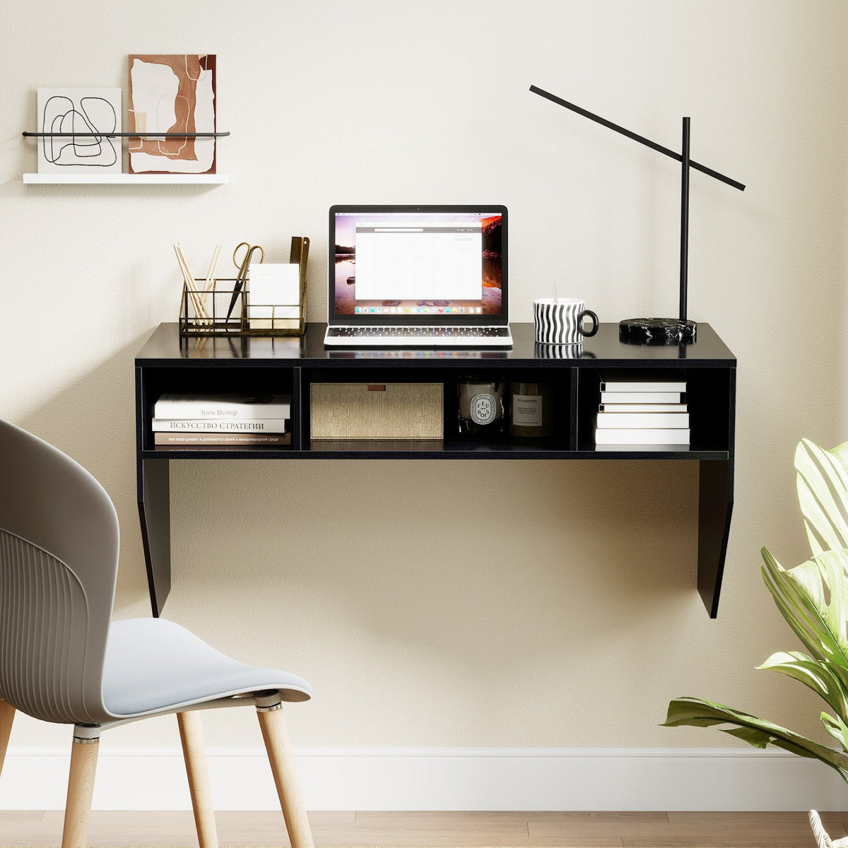 Wall-Mounted Computer Desk Floating Laptop Desk with 3 Storage Compartments-Black view 2