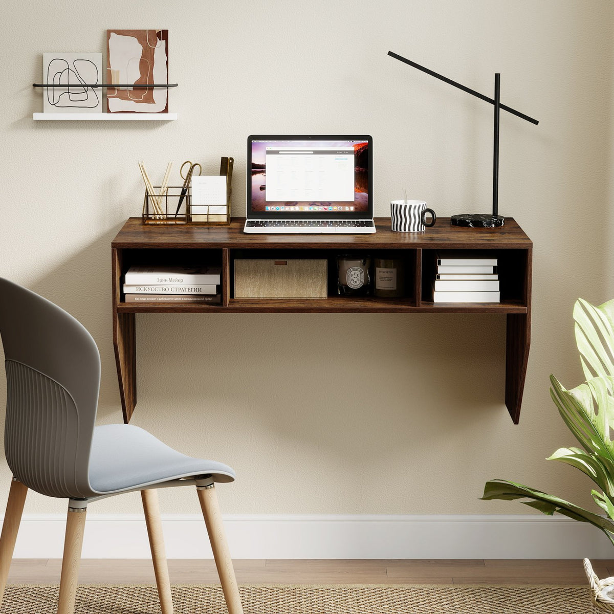 Wall-Mounted Computer Desk Floating Laptop Desk with 3 Storage Compartments-Rustic Brown view 2