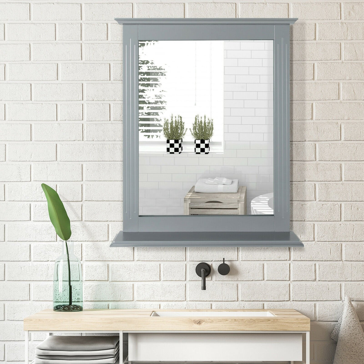Wall-Mounted Multipurpose Vanity Mirror with Shelf-Gray view 2