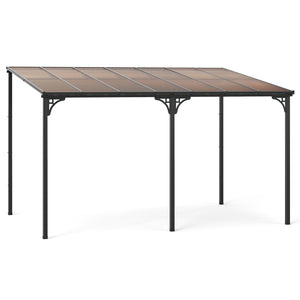 Wall-Mounted Patio Gazebo Large Outdoor Hardtop Pergola with Sloped Polycarbonate Roof-Black